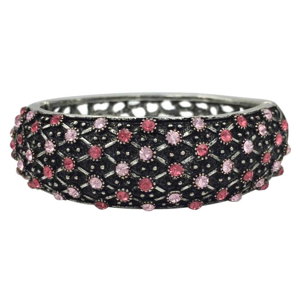 Pink Tones Rhinestone Dots Silver Statement Hinged Bangle Bracelet